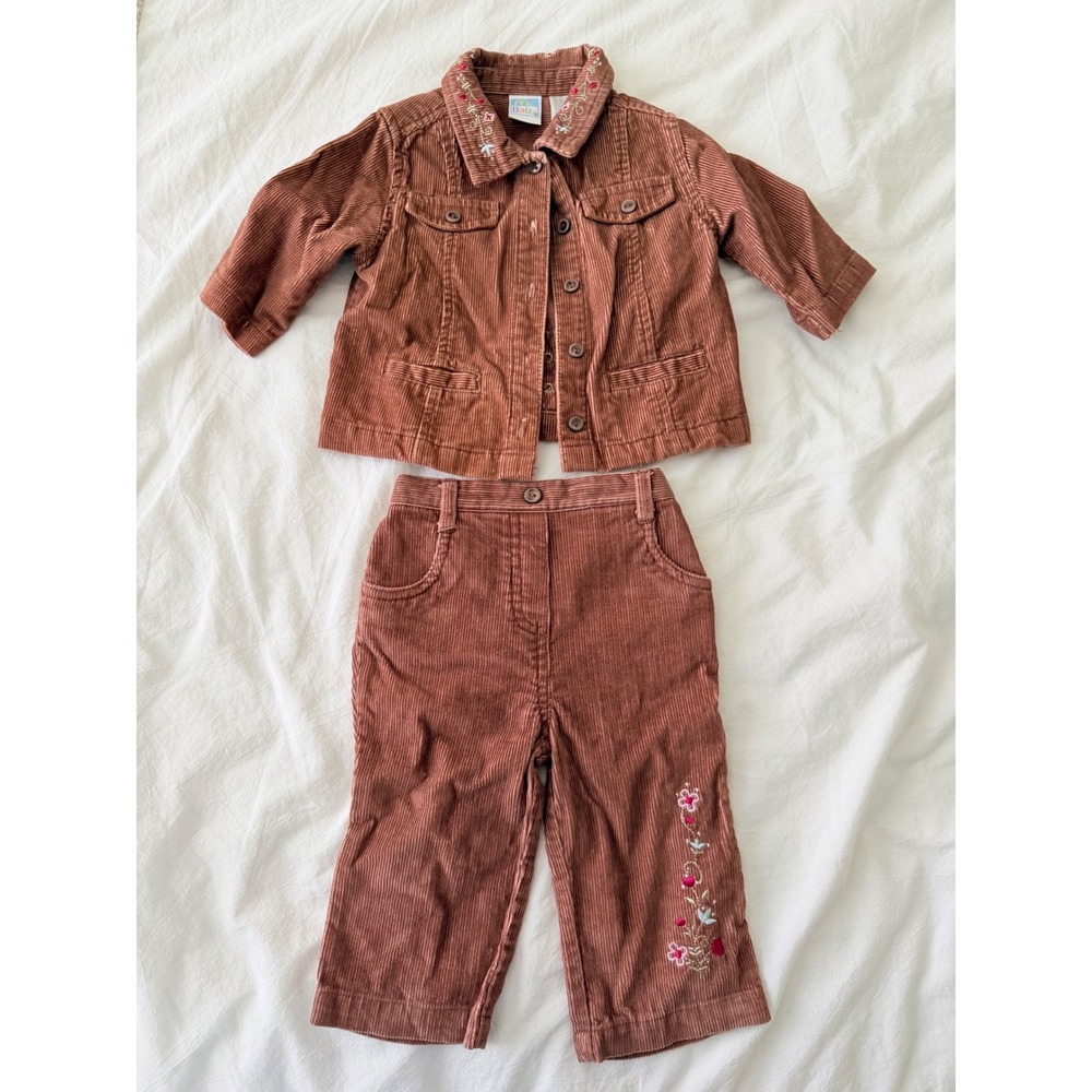 McBaby Vintage Infant Girls Rust Corduroy Floral Embroidered Jacket & Pants Set